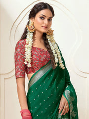 Green Kanjeevaram chinnon Woven Saree - The Dori Store