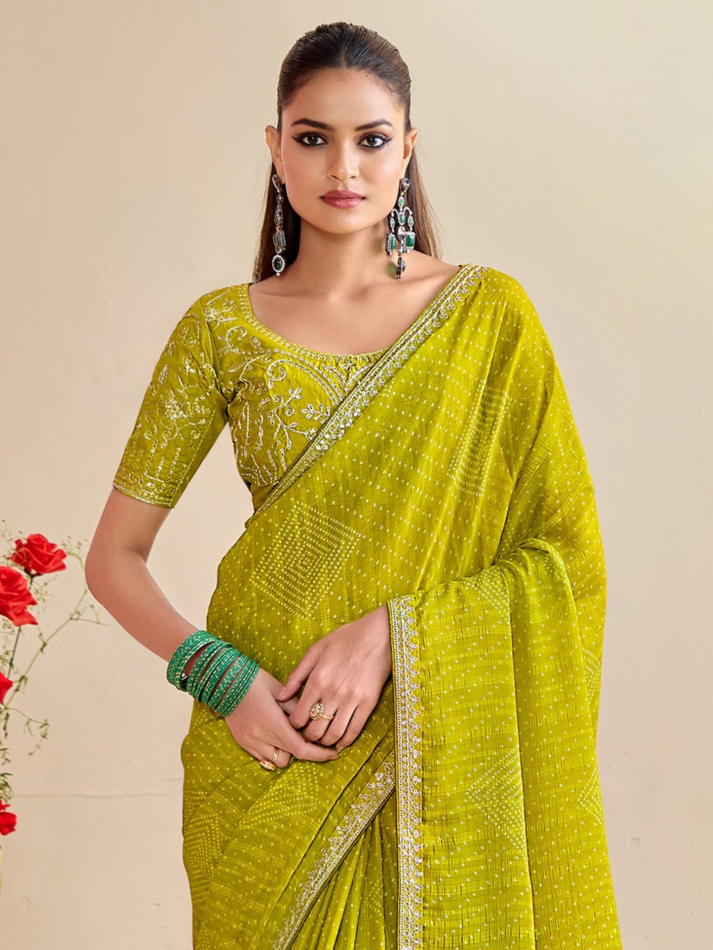 Lemon Bandhani Georgette Embroidered Saree