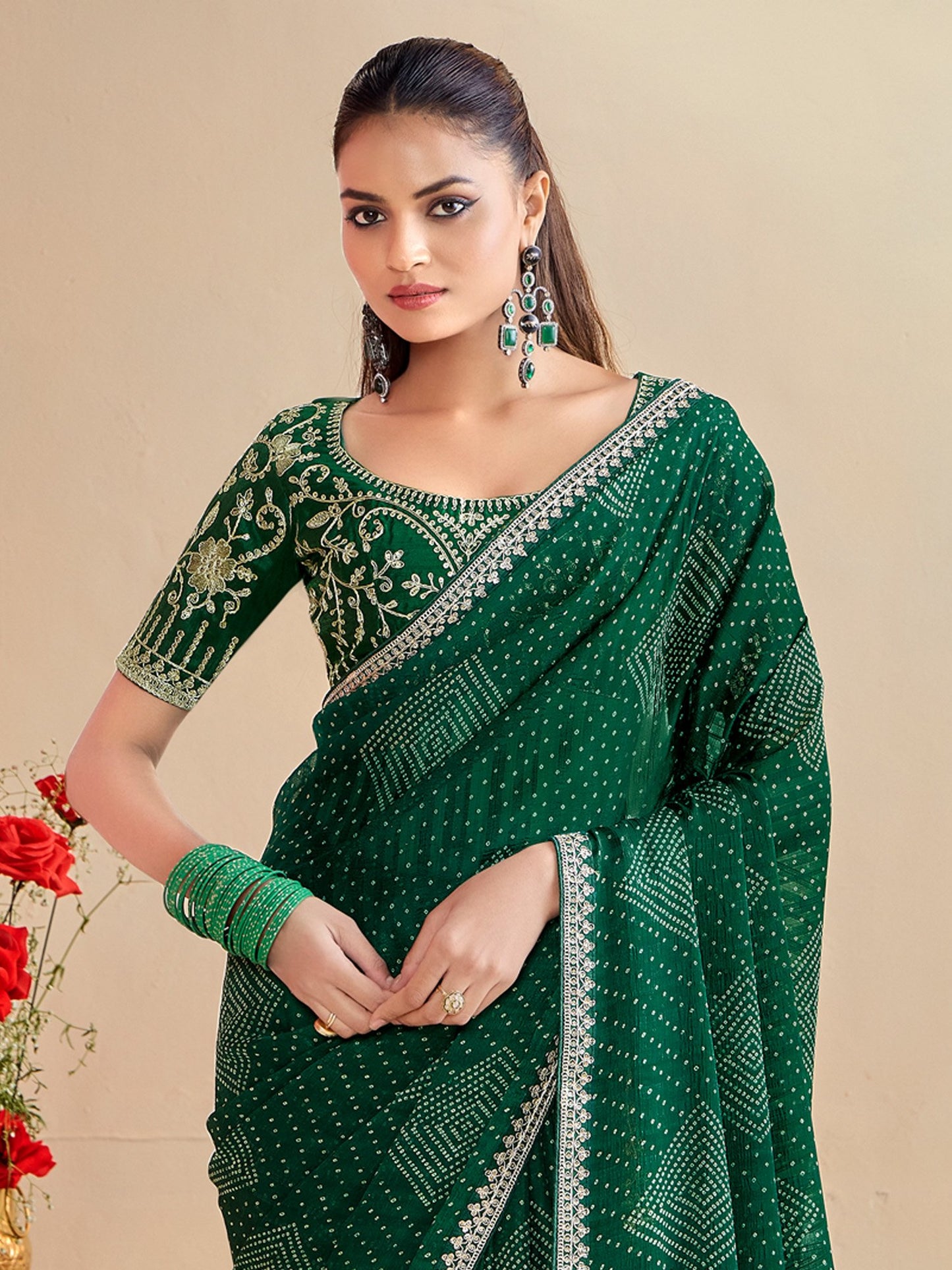 Green Bandhani Georgette Embroidered Saree
