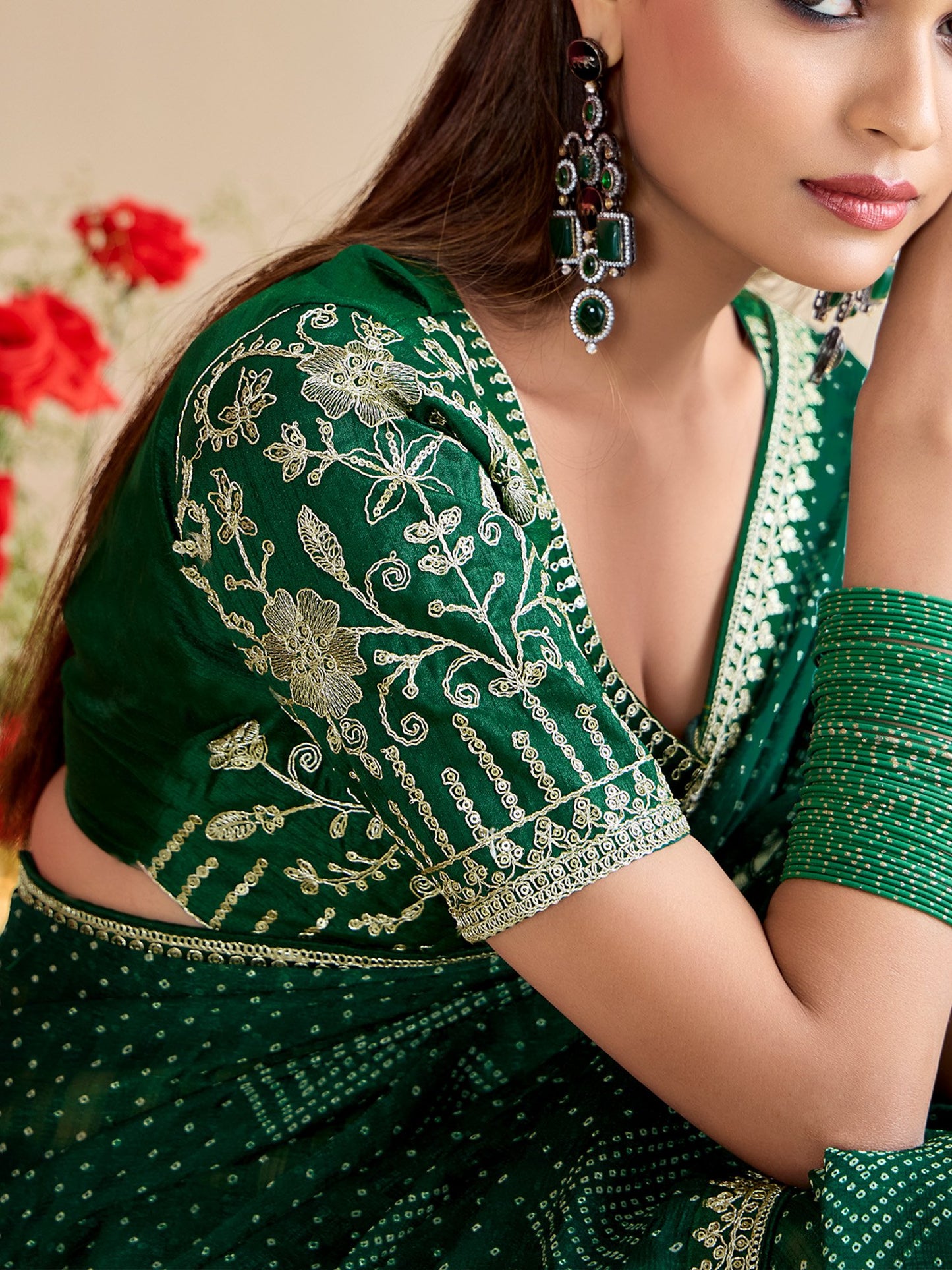Green Bandhani Georgette Embroidered Saree