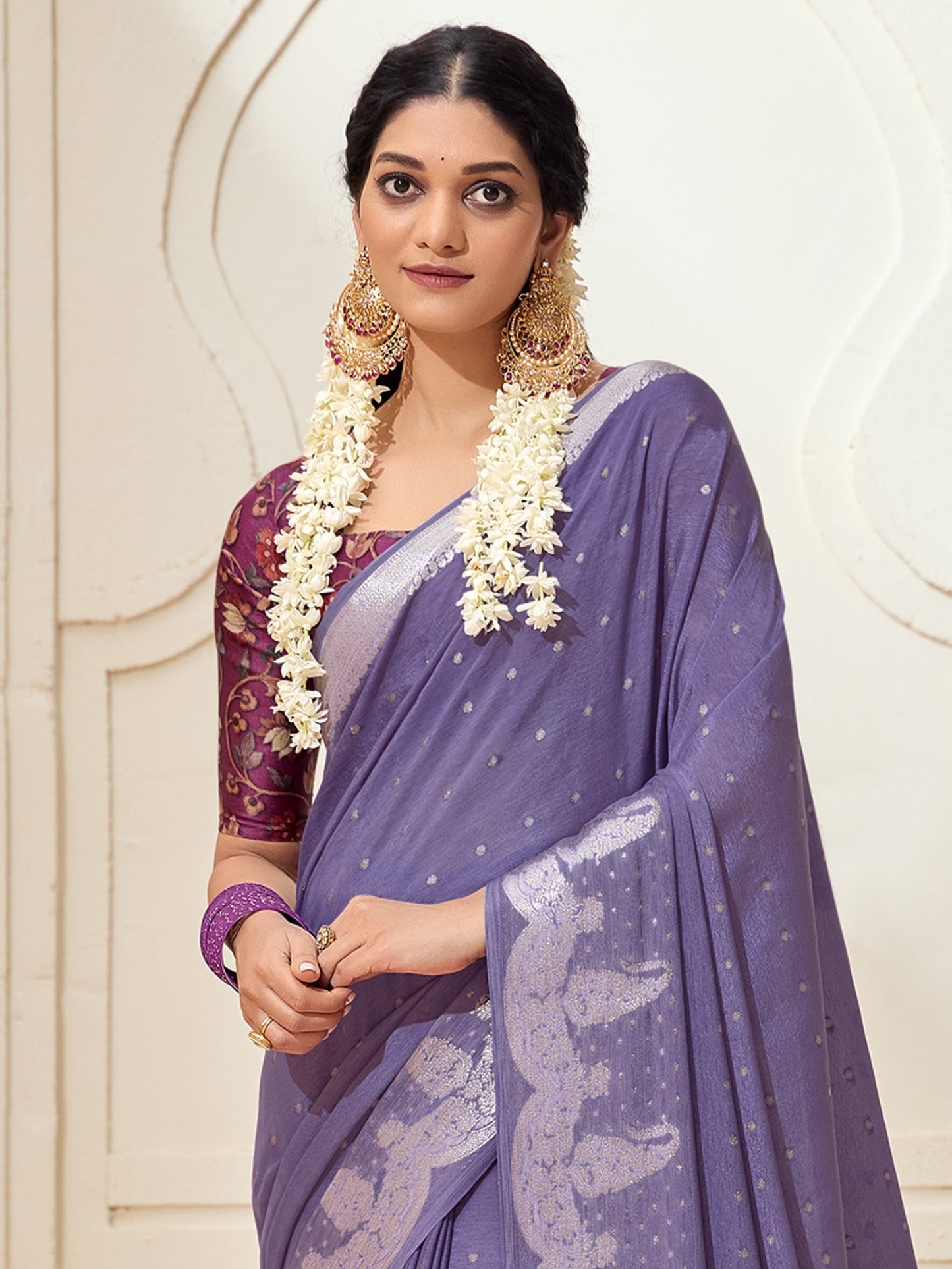 Lavendar Kanjeevaram chinnon Woven Saree