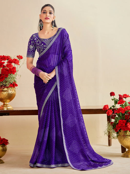 Purple Lavendar Bandhani Georgette Embroidered Saree