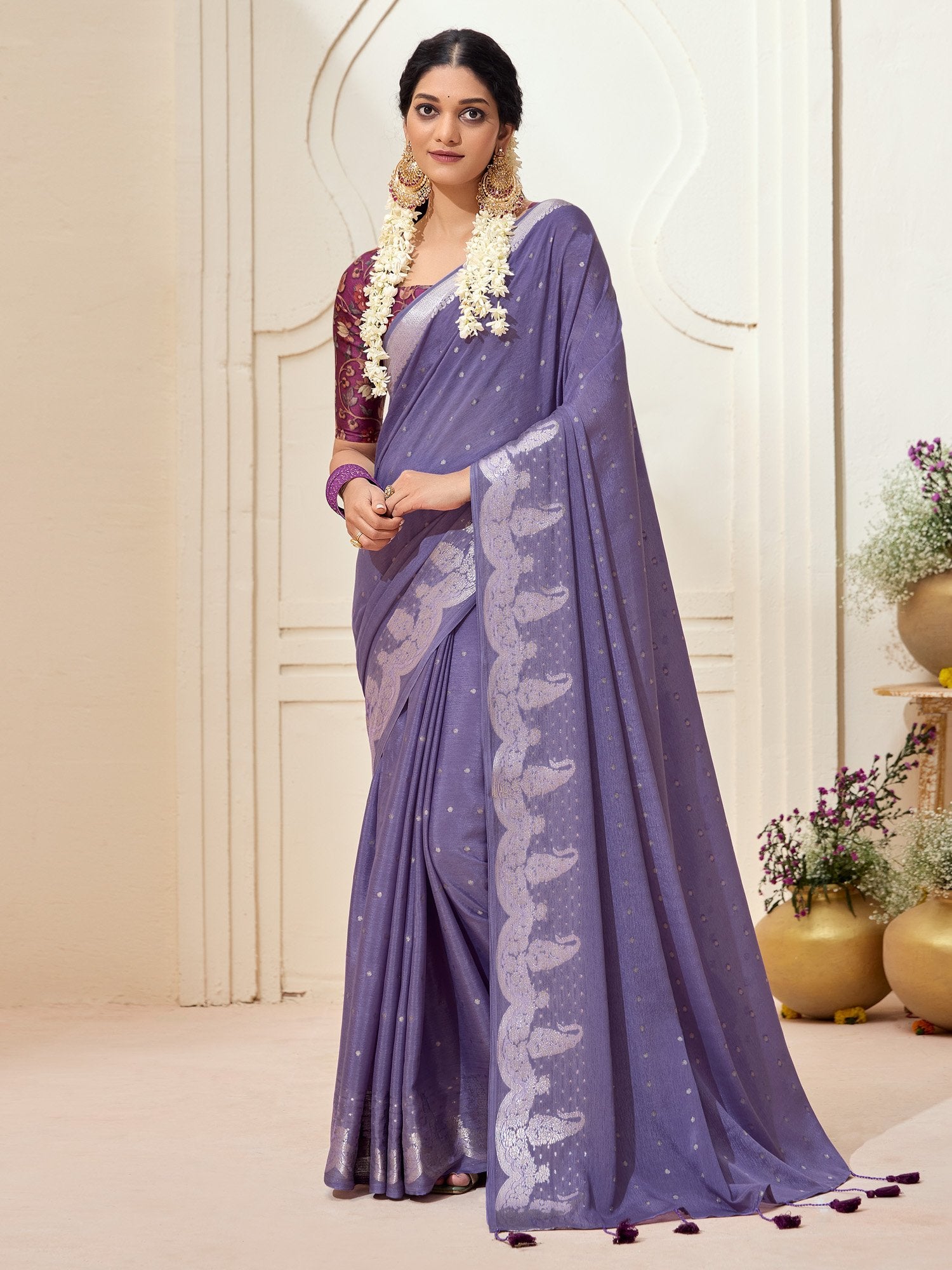 Lavender Lavendar Kanjeevaram chinnon Woven Saree
