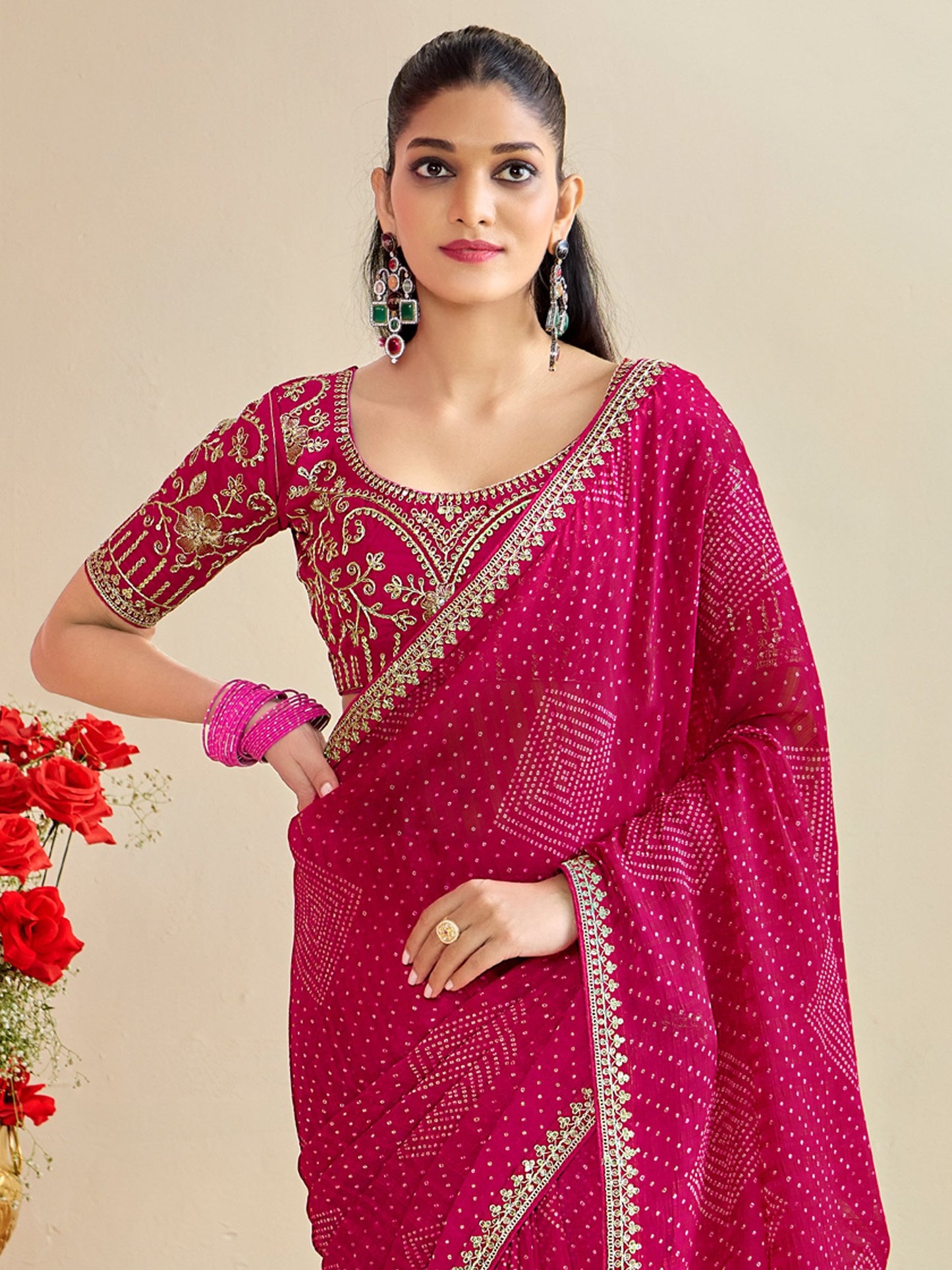 Pink Bandhani Georgette Embroidered Saree