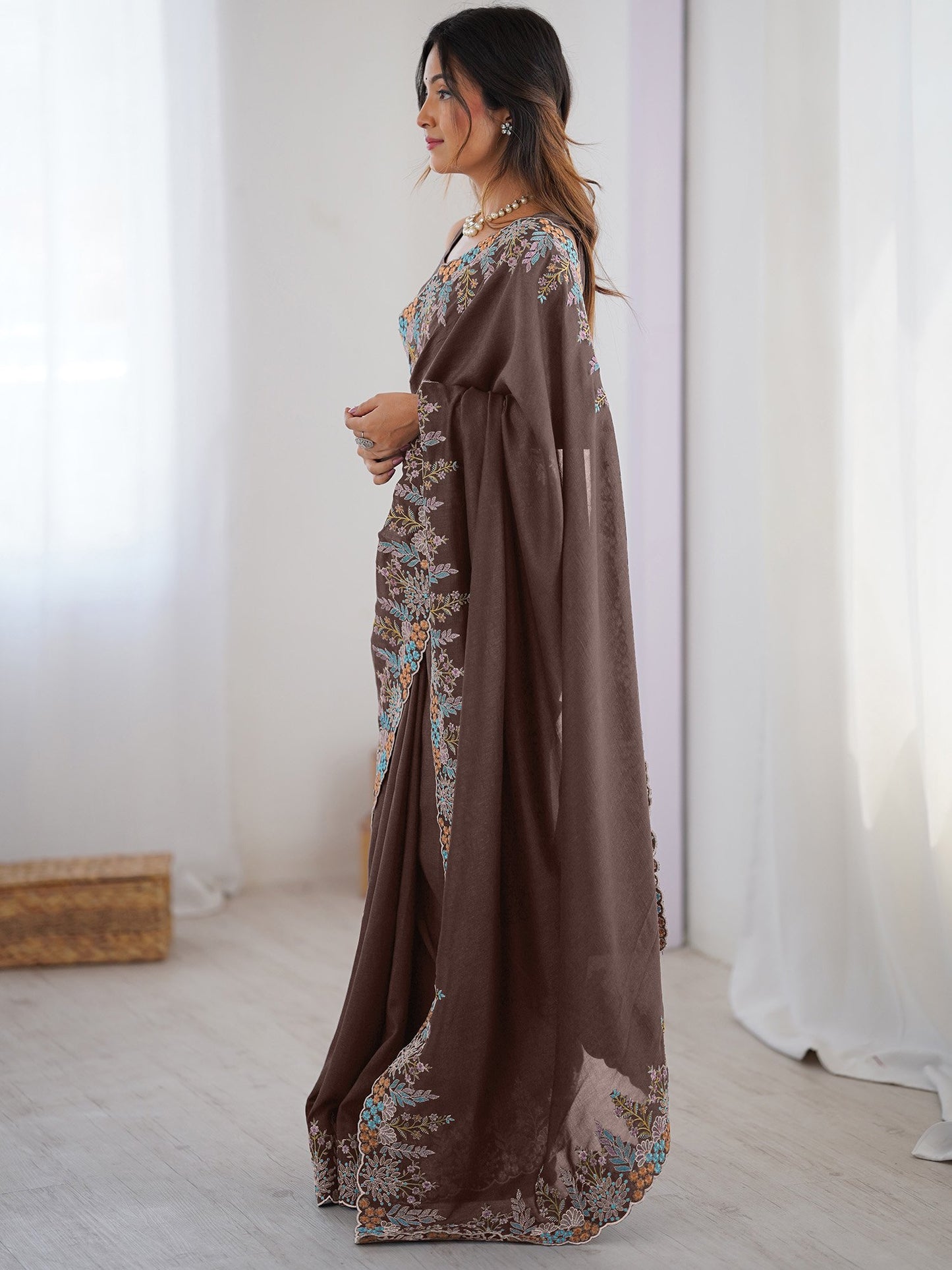 Brown Party Wear Vichitra Silk Embroidered Saree