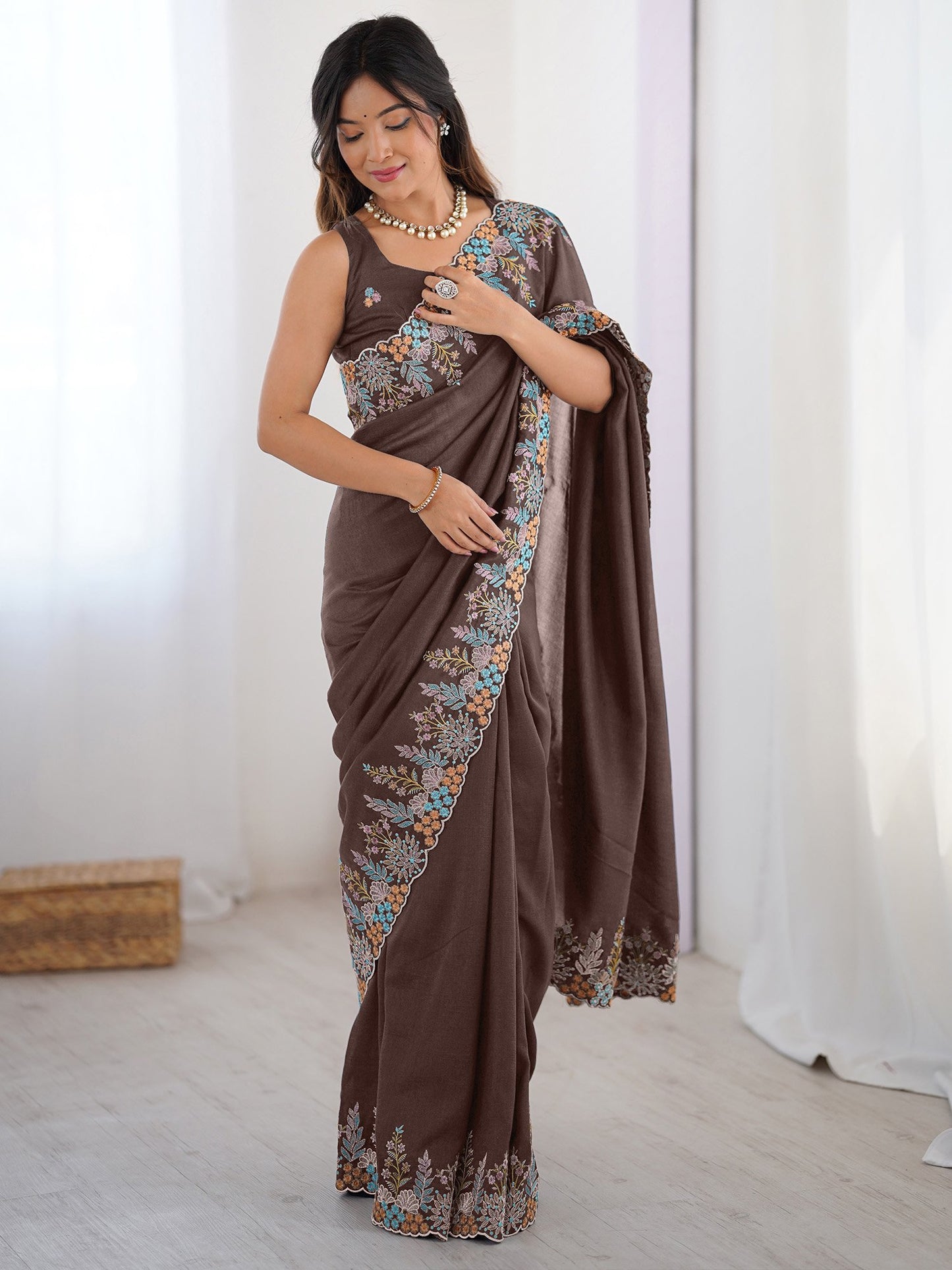 Brown Party Wear Vichitra Silk Embroidered Saree