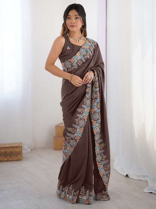Brown Brown Party Wear Vichitra Silk Embroidered Saree