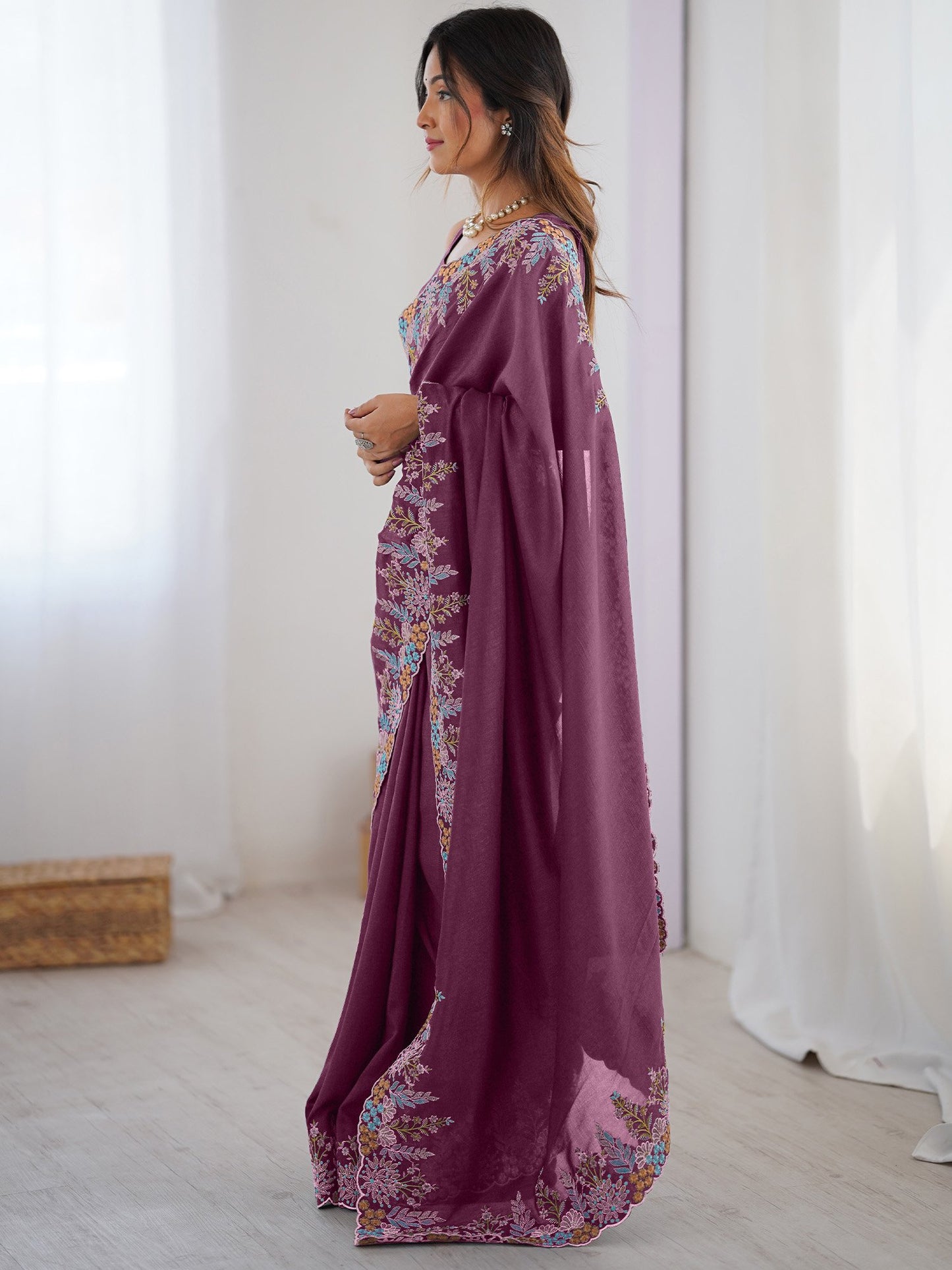 Mauve Party Wear Vichitra Silk Embroidered Saree