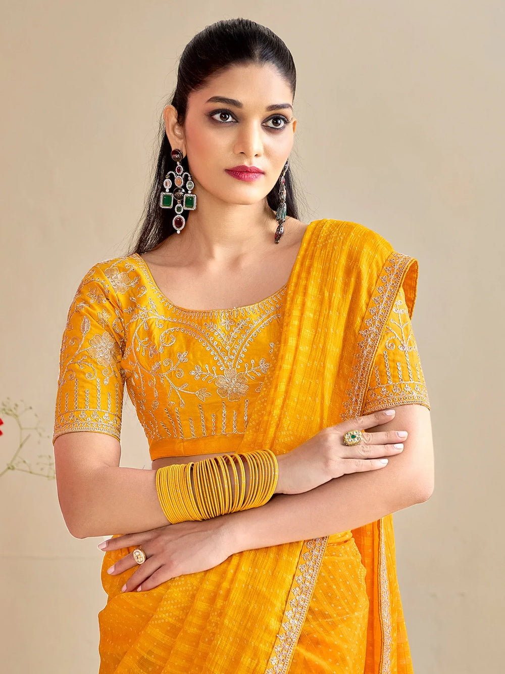 Yellow Bandhani Georgette Embroidered Saree - The Dori Store