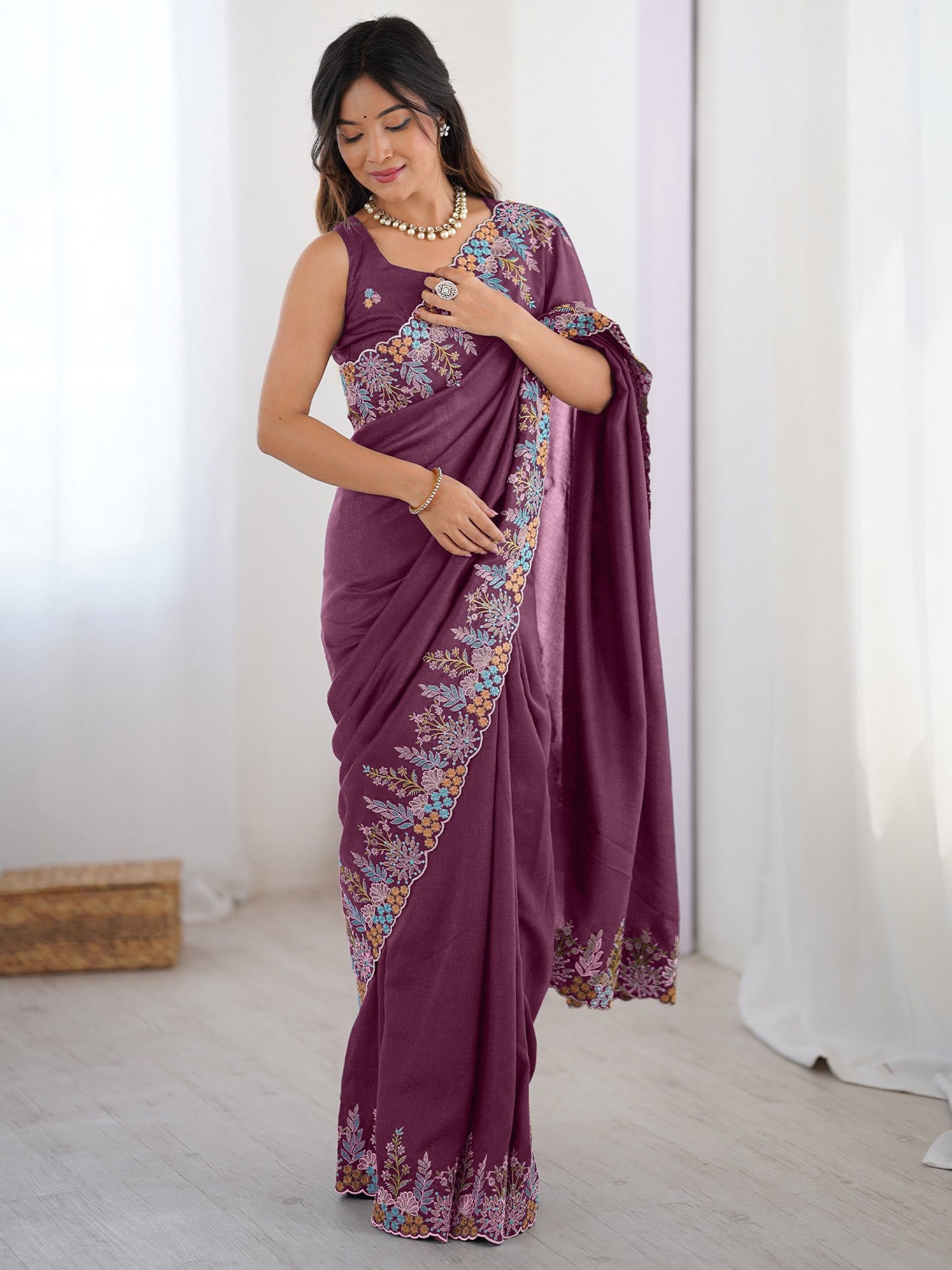 Mauve Party Wear Vichitra Silk Embroidered Saree