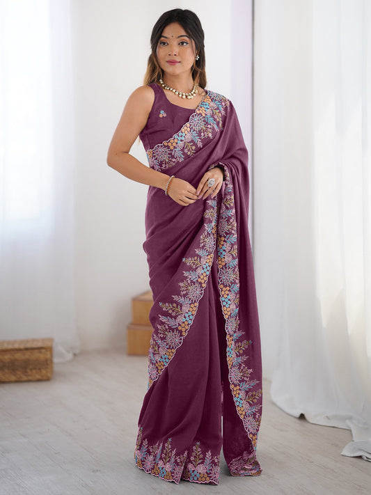 Purple Mauve Party Wear Vichitra Silk Embroidered Saree