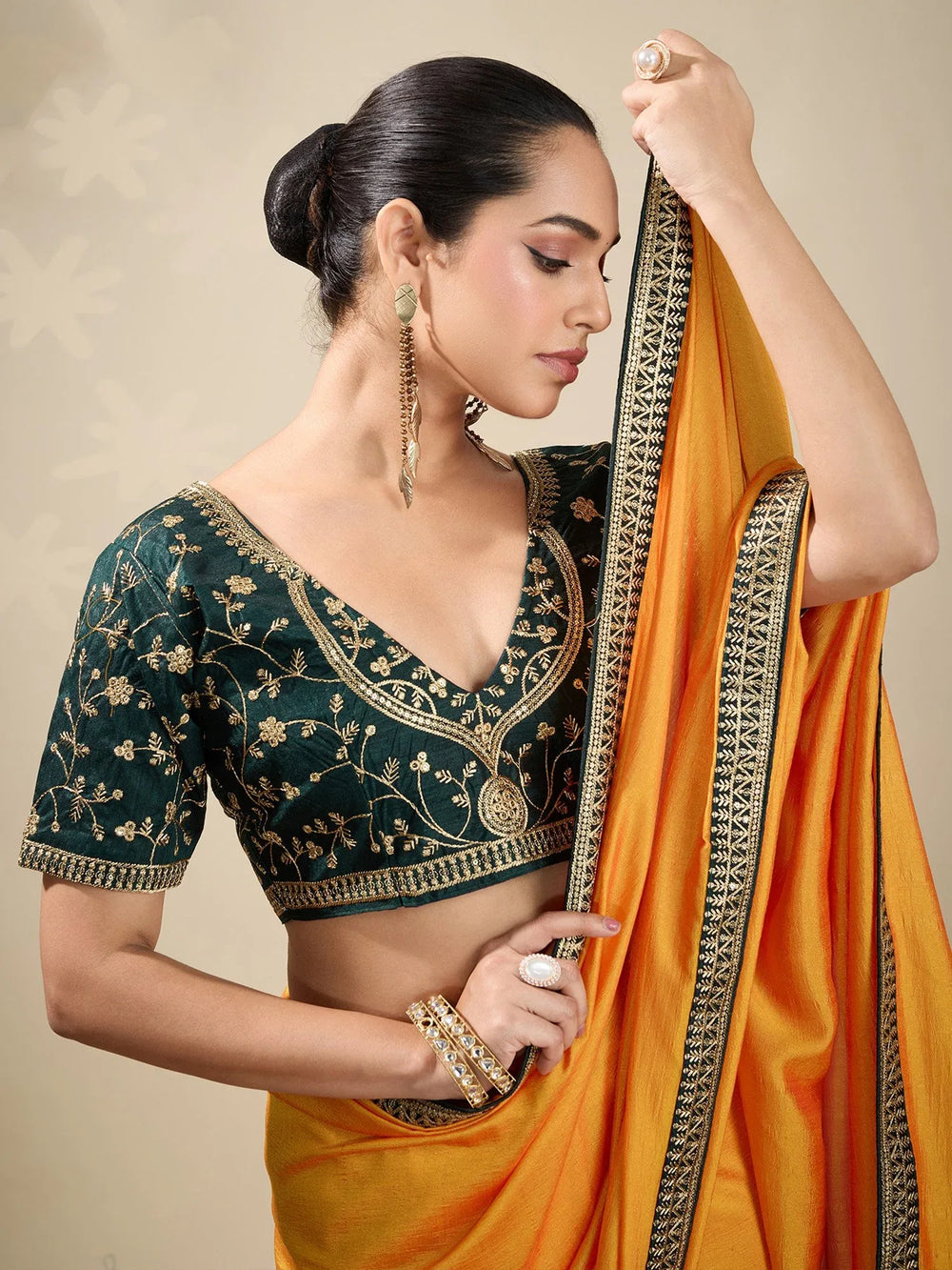 Yellow Party Wear Vichitra Silk Embellished Saree - The Dori Store