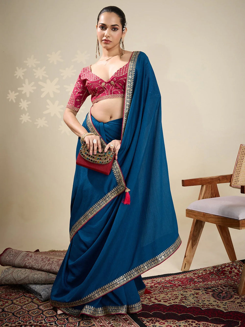 Blue Party Wear Vichitra Silk Embellished Saree - The Dori Store
