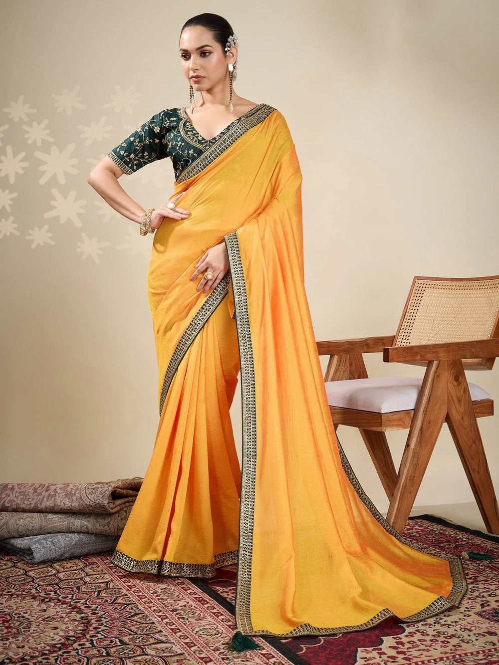 Yellow Party Wear Vichitra Silk Embellished Saree - The Dori Store