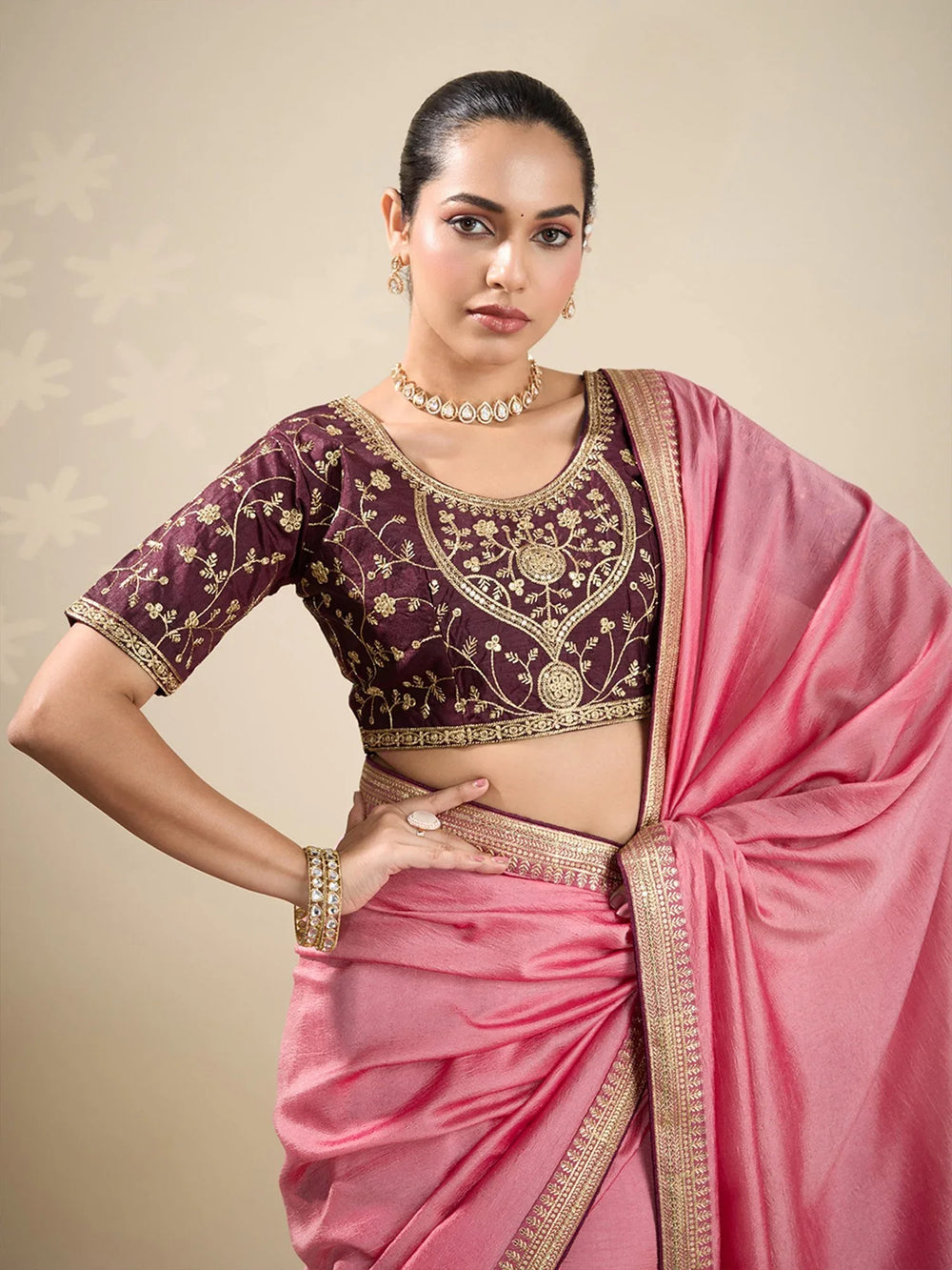 Peach Party Wear Vichitra Silk Embellished Saree - The Dori Store