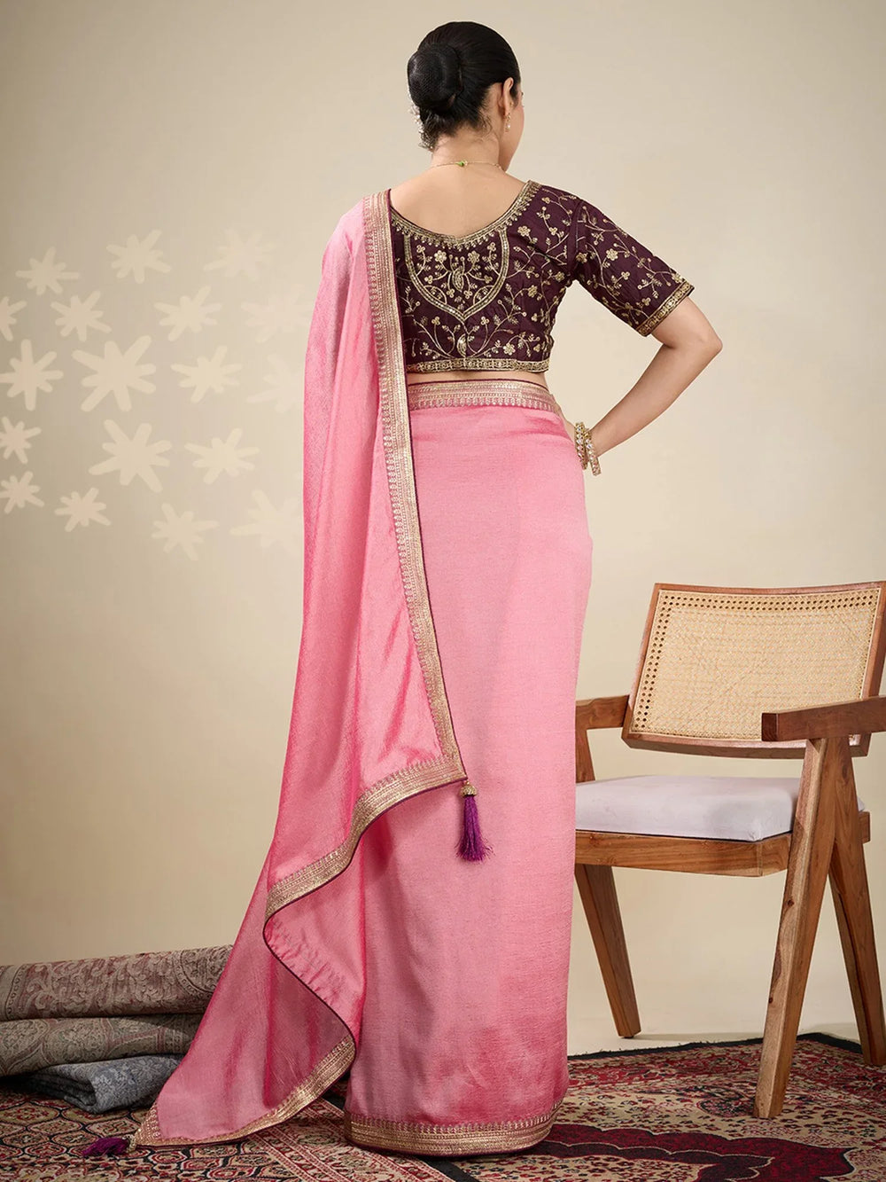 Peach Party Wear Vichitra Silk Embellished Saree - The Dori Store