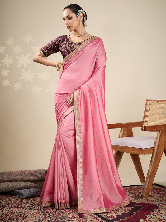 Pink Peach Party Wear Vichitra Silk Embellished Saree