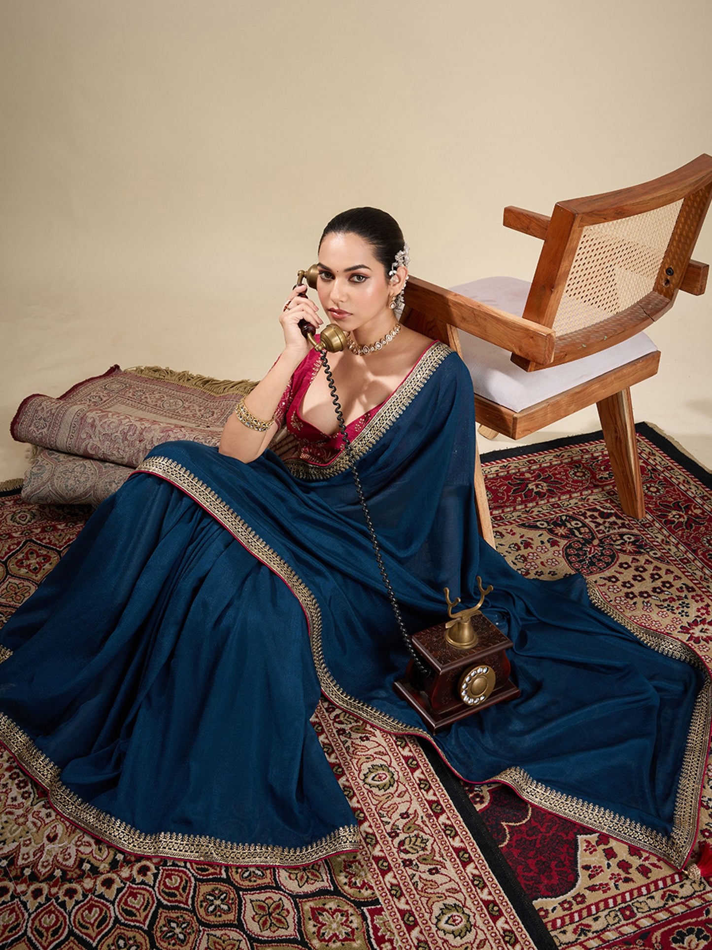 Teal Party Wear Vichitra Silk Embellished Saree