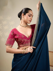 Teal Blue Party Wear Vichitra Silk Embellished Saree - The Dori Store