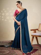 Teal Blue Party Wear Vichitra Silk Embellished Saree - The Dori Store