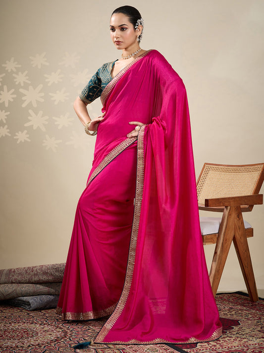 Pink Pink Party Wear Vichitra Silk Embellished Saree
