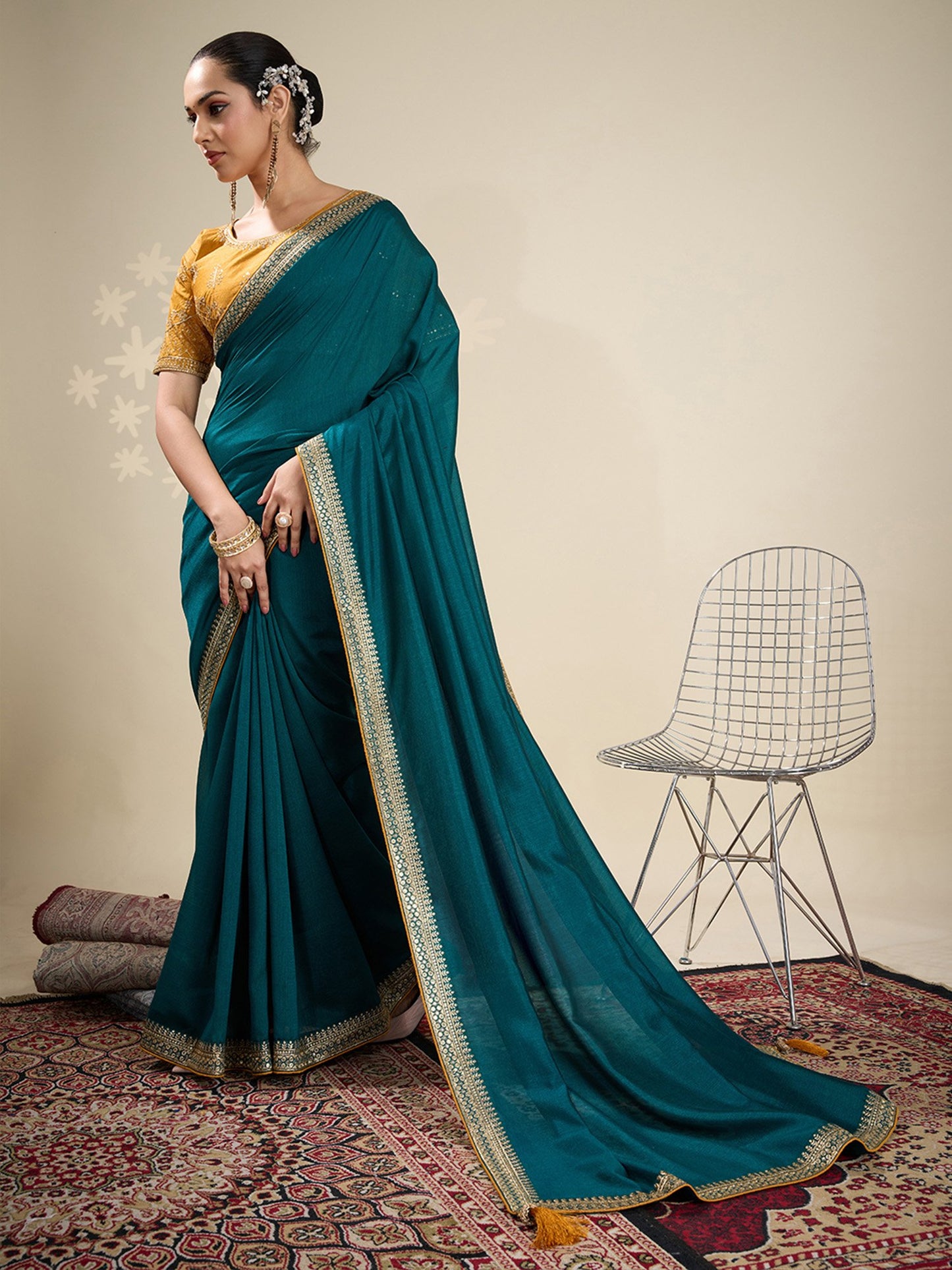 Teal Party Wear Vichitra Silk Embellished Saree