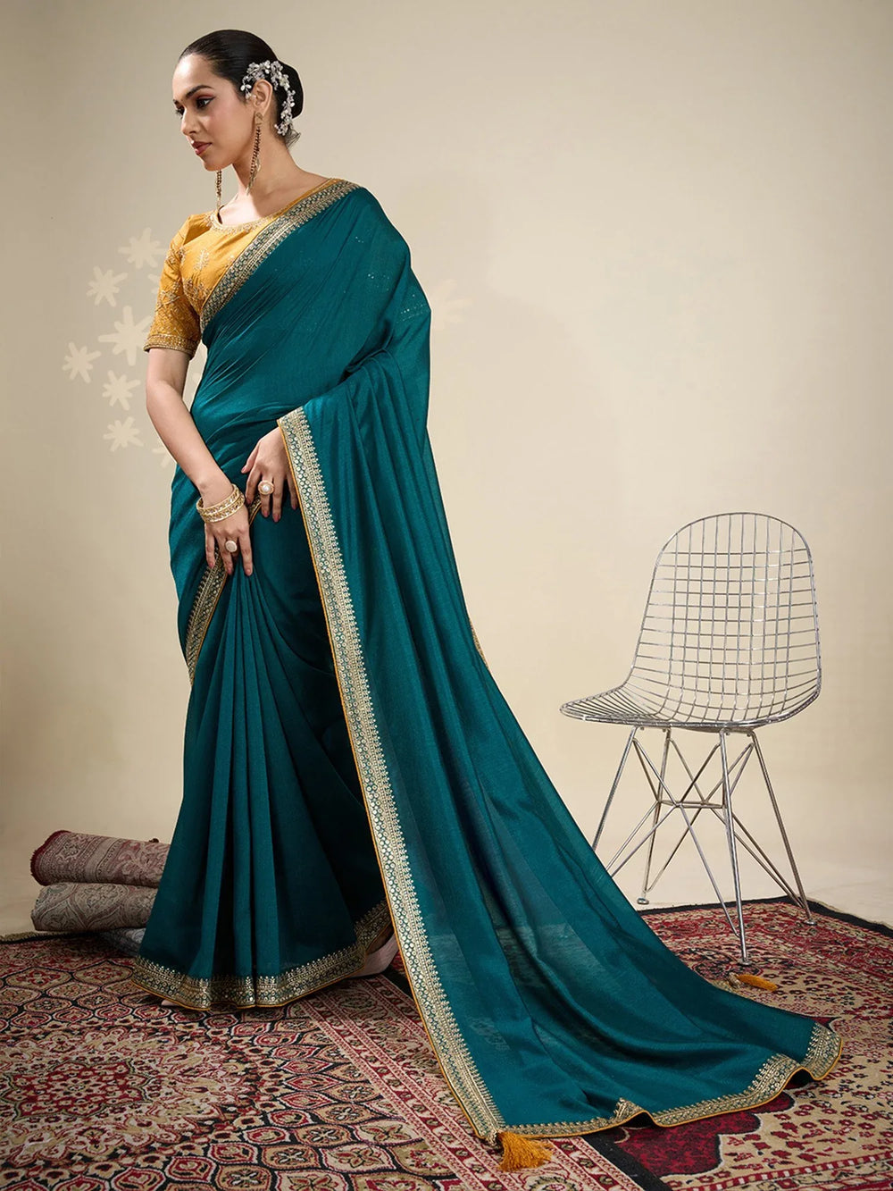 Teal Blue Party Wear Vichitra Silk Embellished Saree - The Dori Store
