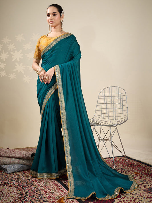 Blue Teal Party Wear Vichitra Silk Embellished Saree