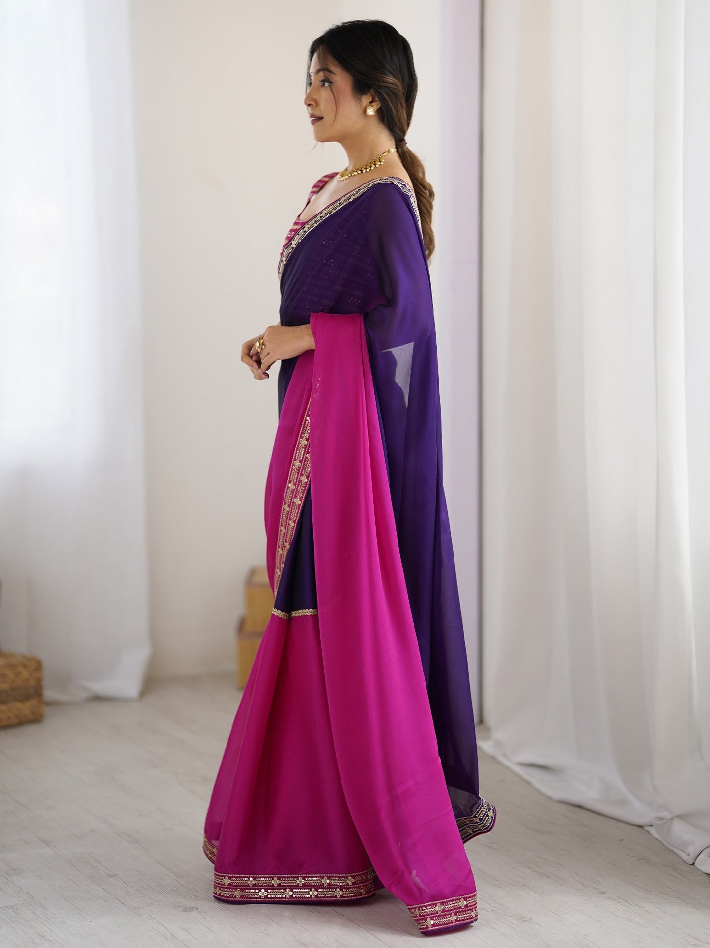 Pink Party Wear Pure Georgette Half & Half Saree