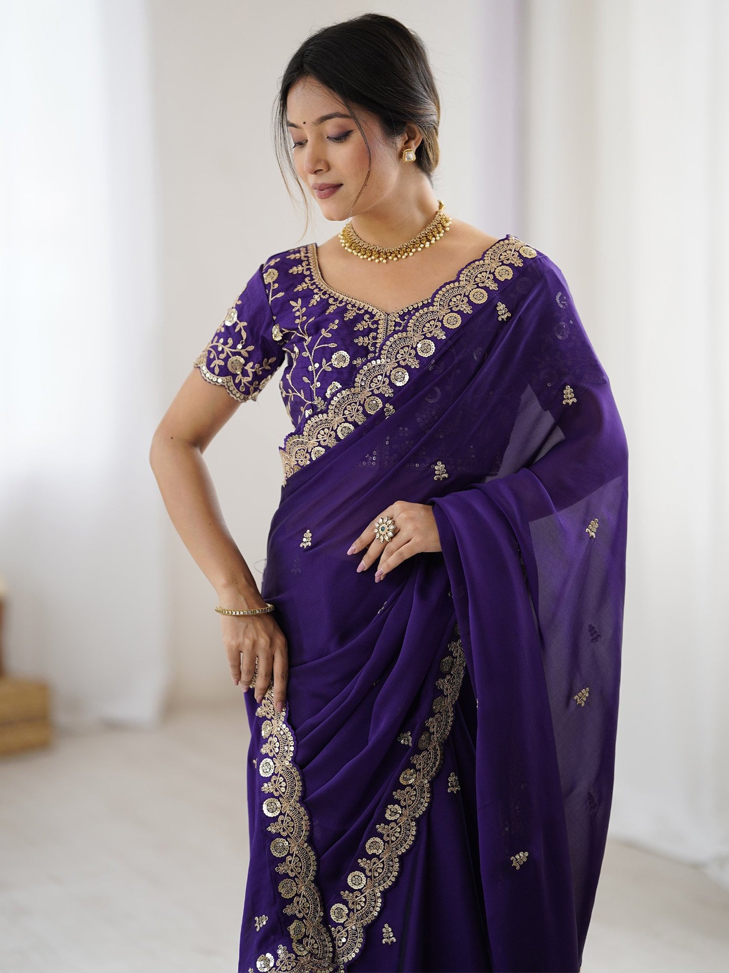 Purple Party Wear Pure Georgette Embellished Saree