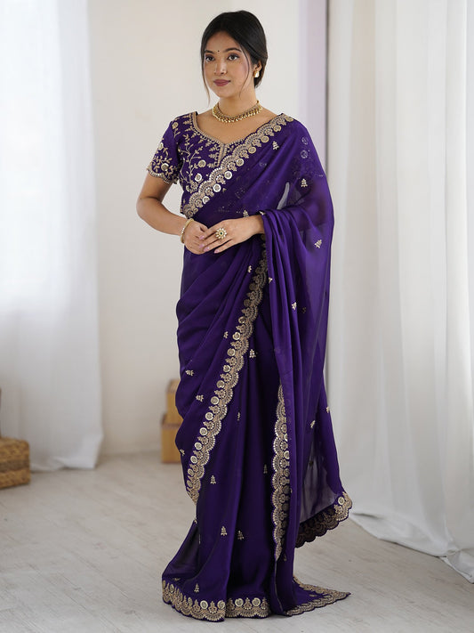 Purple Purple Party Wear Pure Georgette Embellished Saree