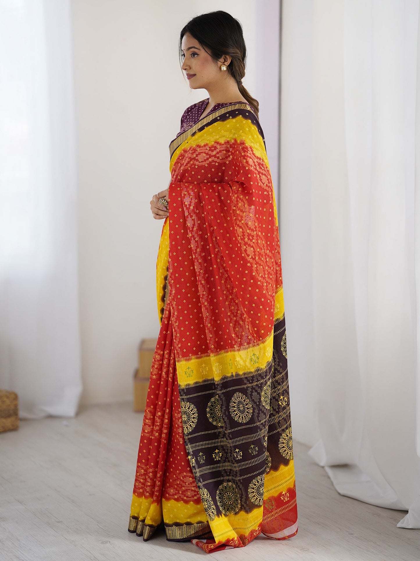Red Bandhani Cotton Printed Saree