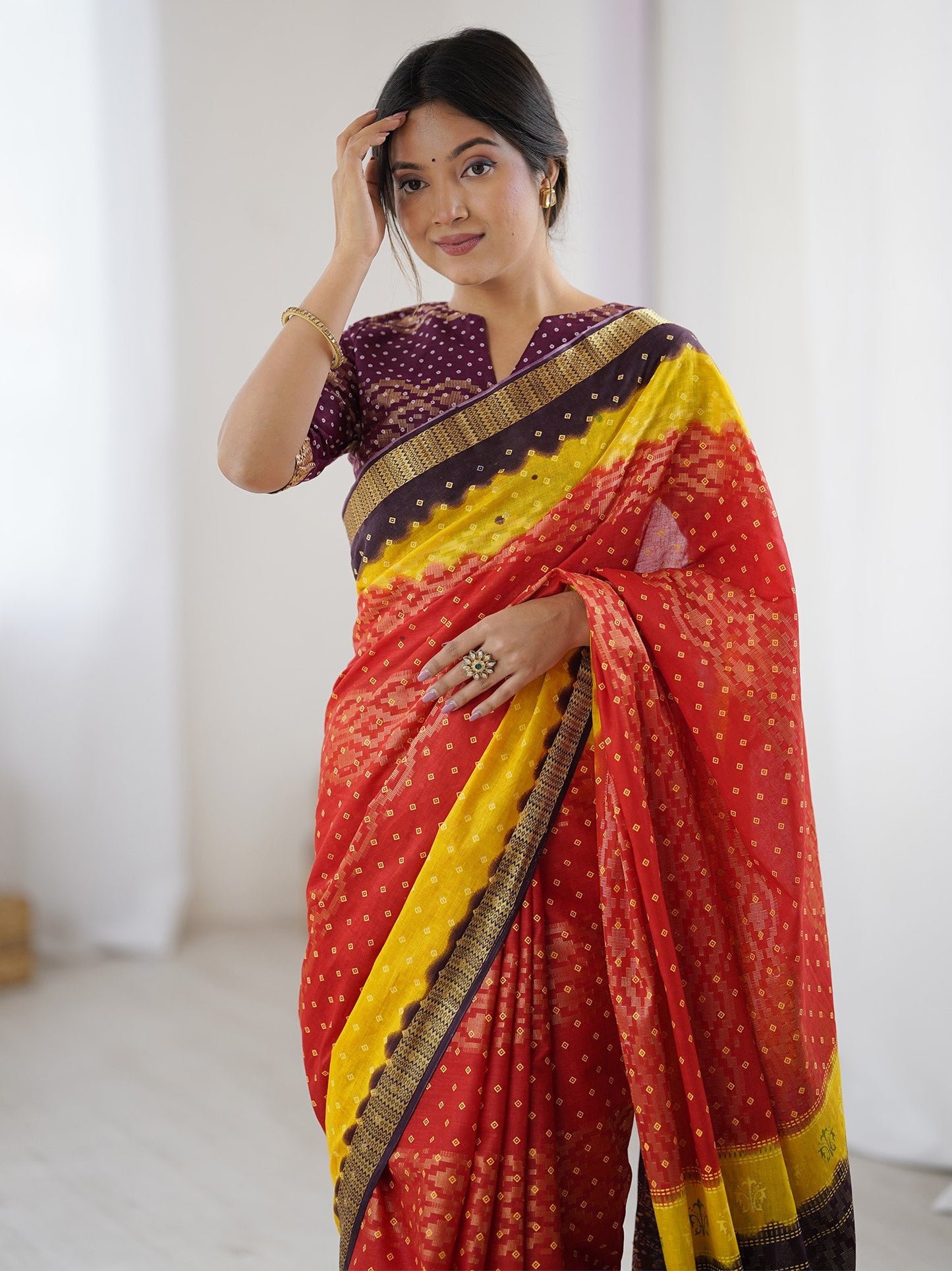 Red Bandhani Cotton Printed Saree