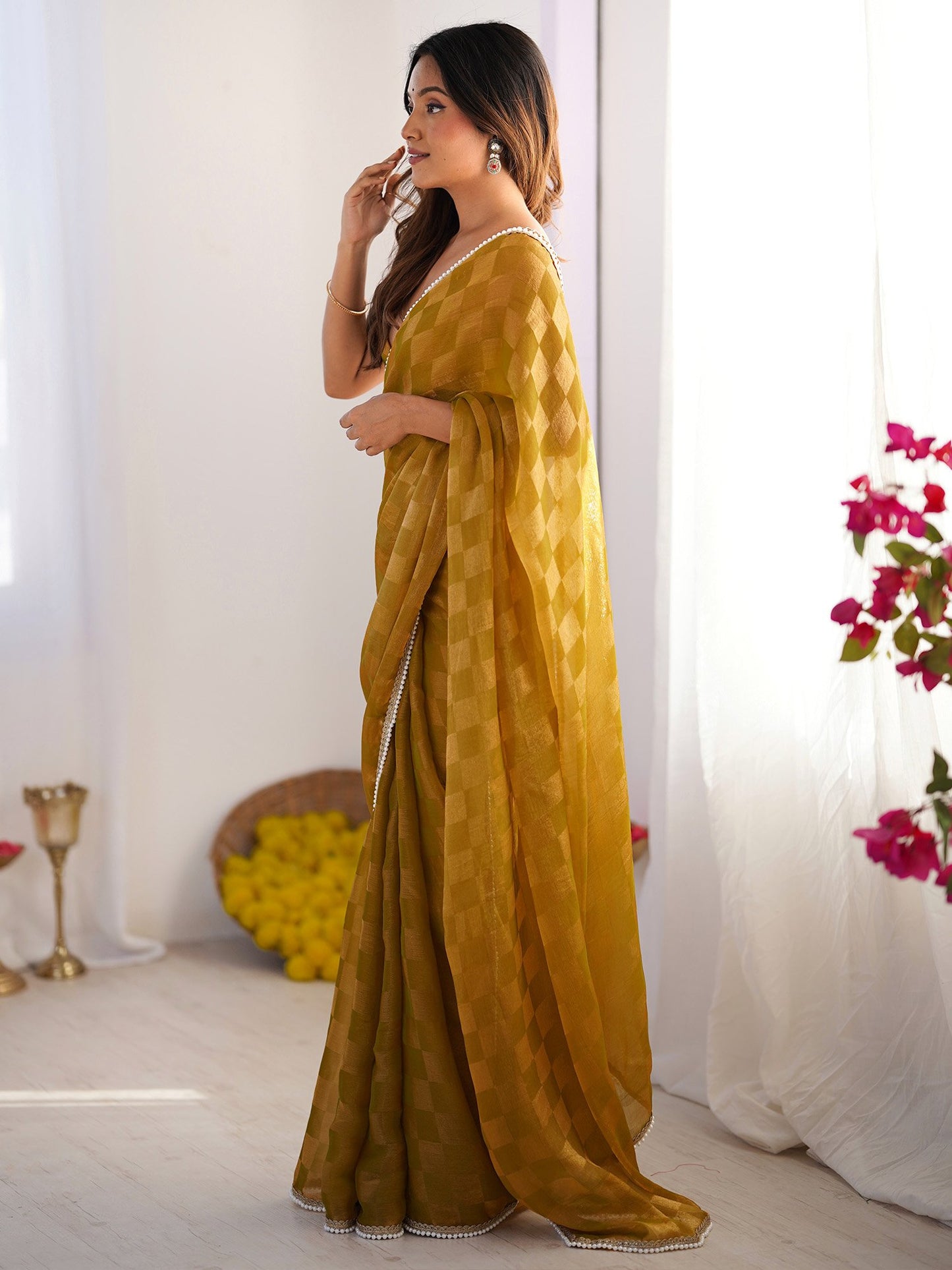 Mustard Party Wear Chiffon Embellished Saree