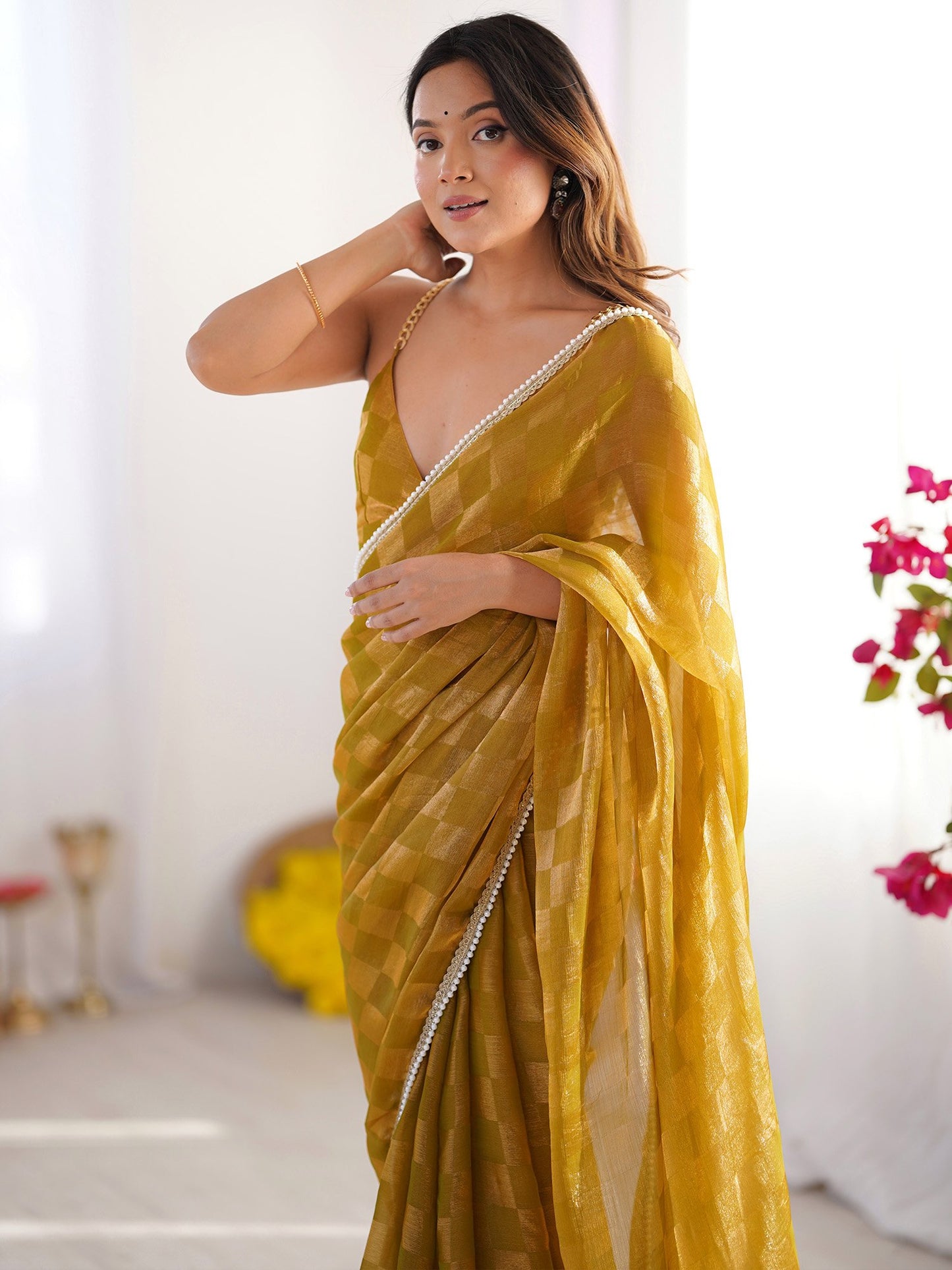 Mustard Party Wear Chiffon Embellished Saree