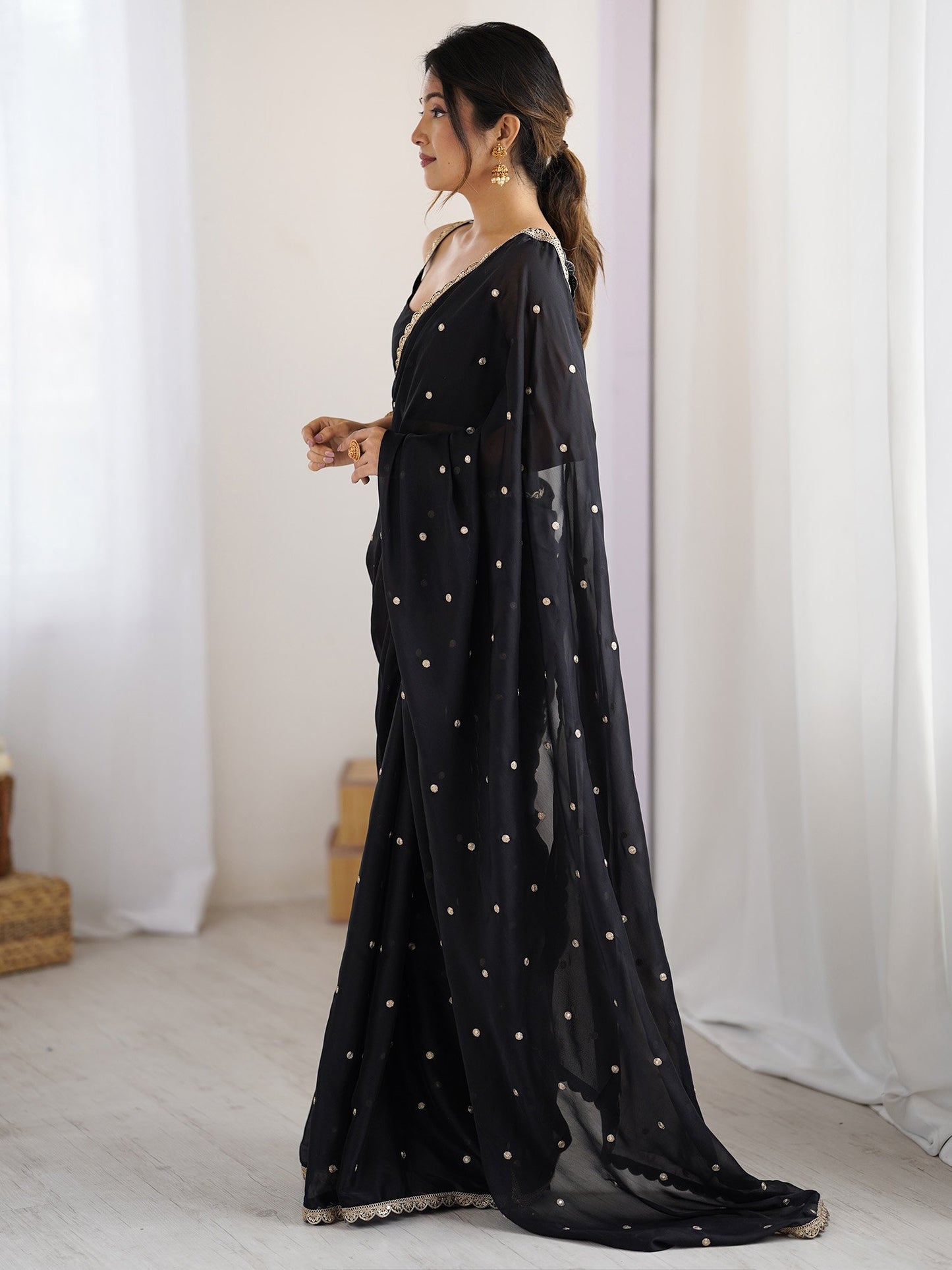 Black Party Wear Pure Georgette Embellished Saree