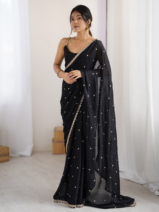 Black Black Party Wear Pure Georgette Embellished Saree