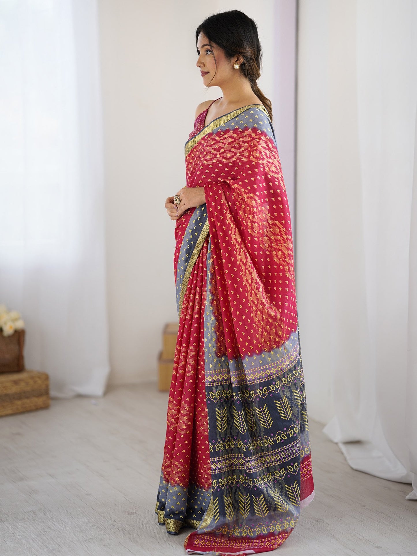 Pink Bandhani Cotton Printed Saree