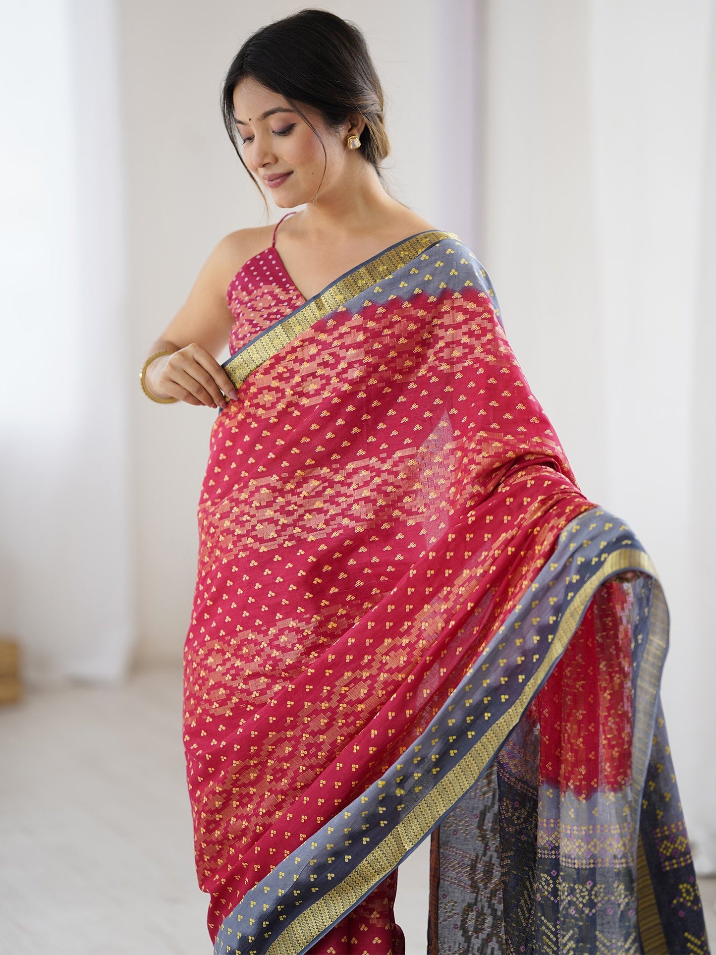 Pink Bandhani Cotton Printed Saree