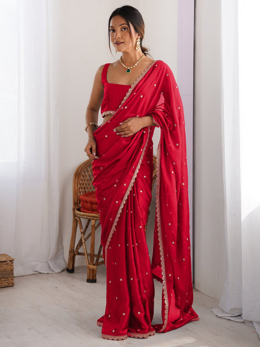 Red Red Party Wear Pure Georgette Embellished Saree