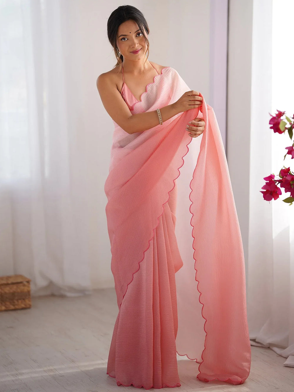Pink Party Wear Chiffon Embellished Saree - The Dori Store