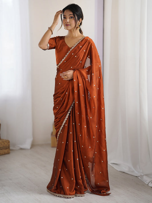 Brown Brown Party Wear Pure Georgette Embellished Saree