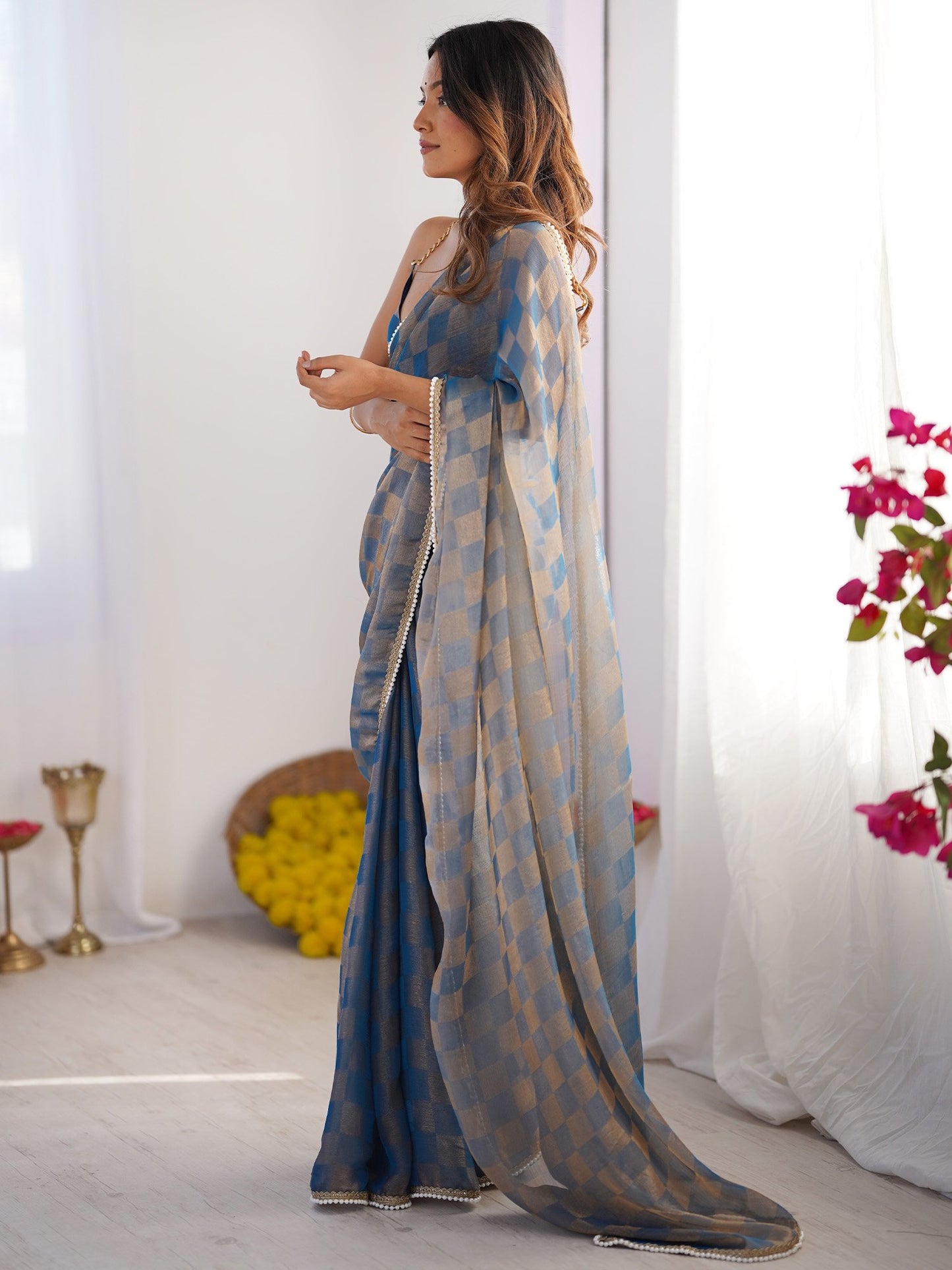 Blue Party Wear Chiffon Embellished Saree