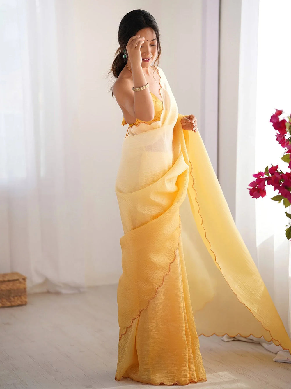 Yellow Party Wear Chiffon Embellished Saree - The Dori Store