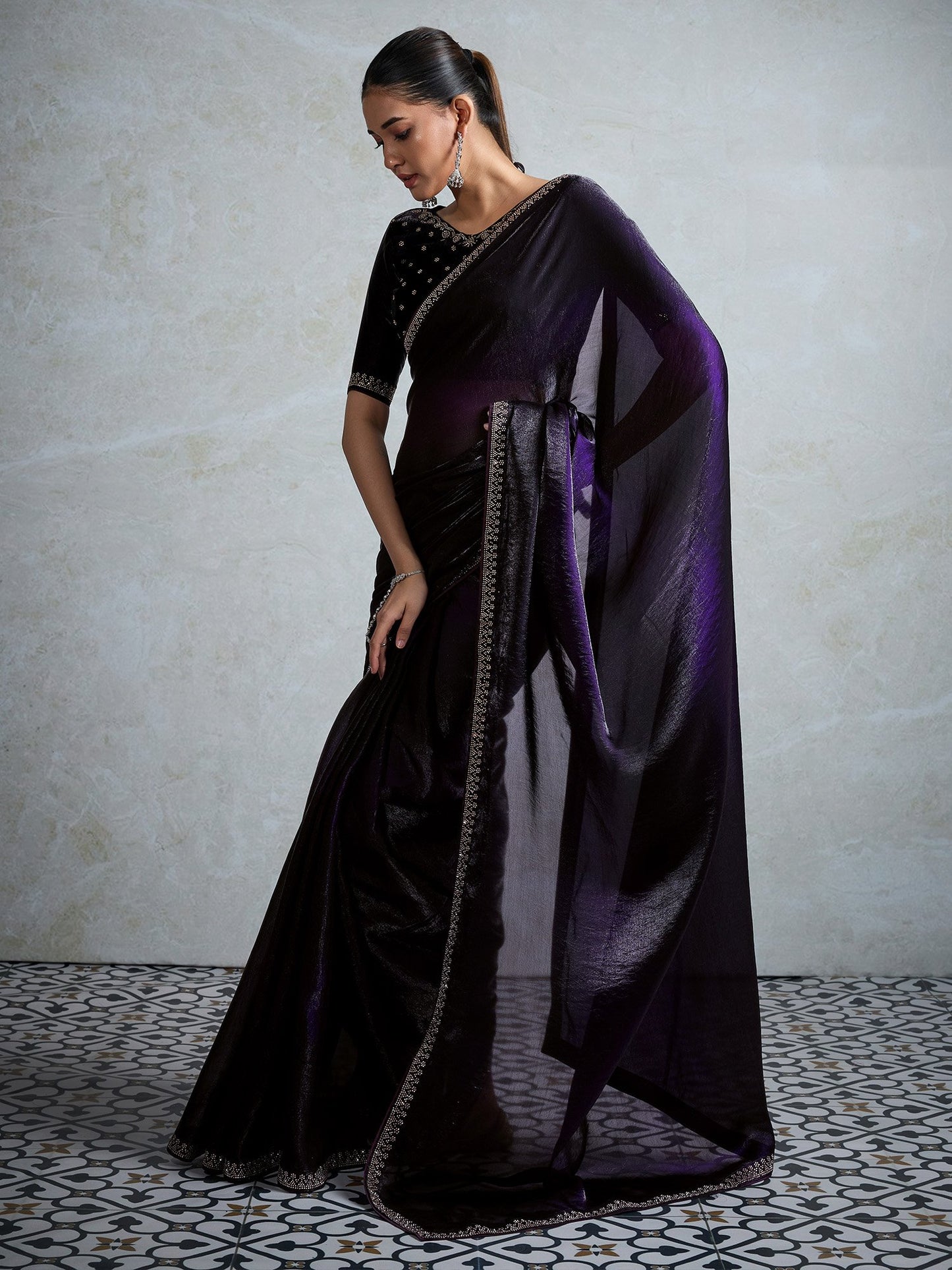 Purple Party Wear Satin Embellished Saree
