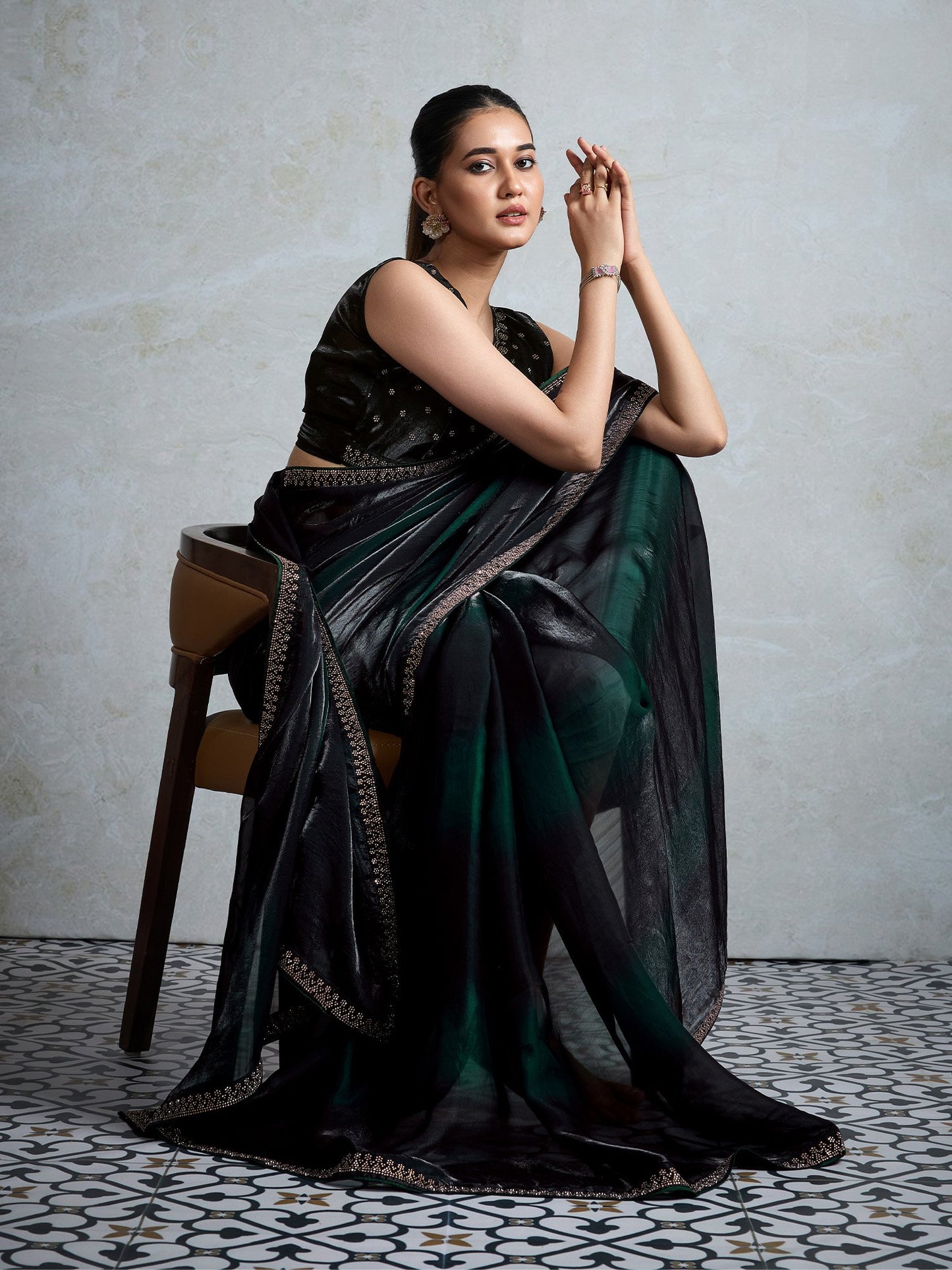 Green Party Wear Satin Embellished Saree