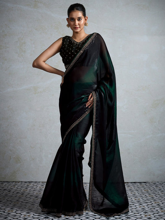 Green Green Party Wear Satin Embellished Saree