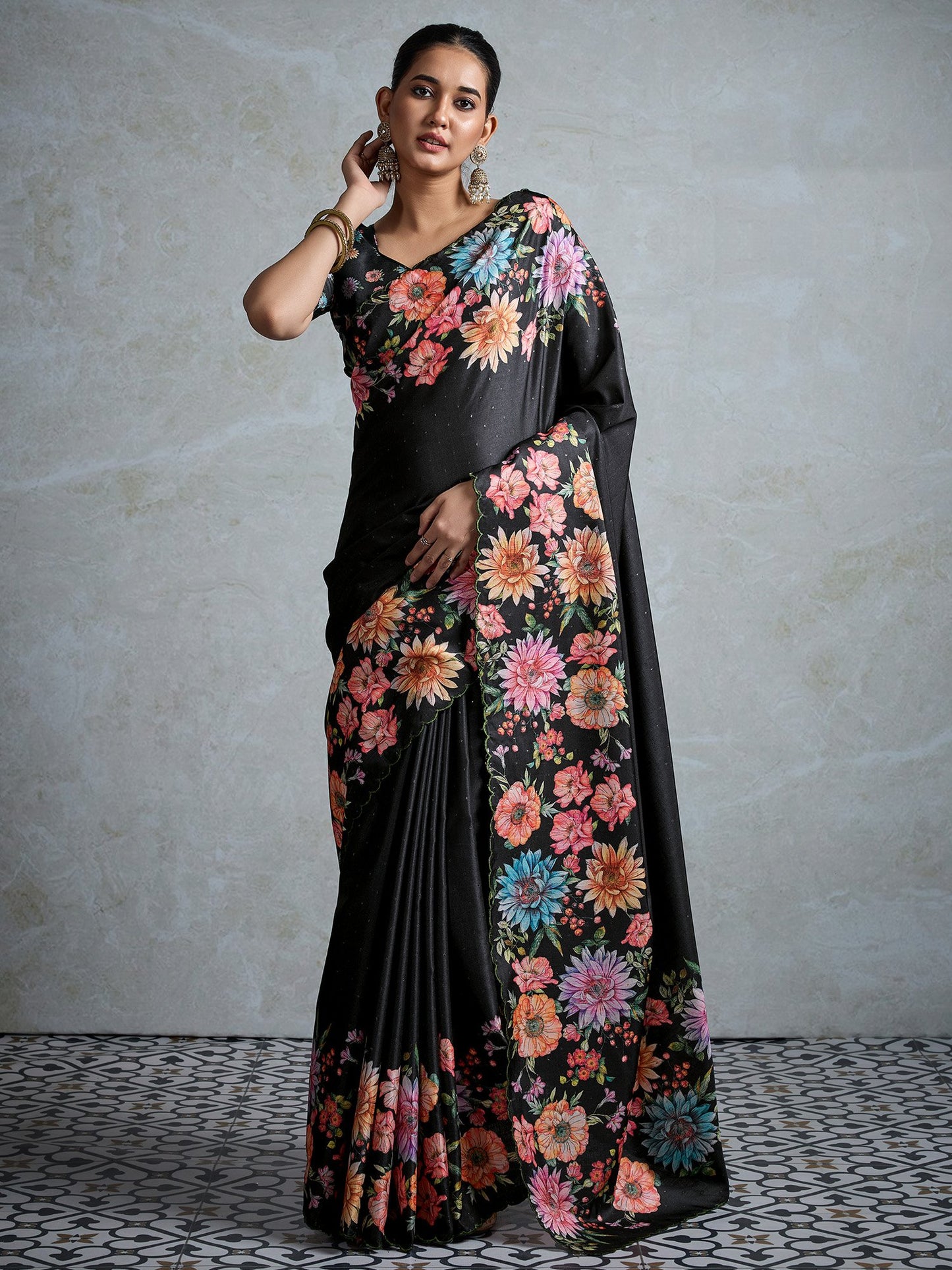 Black Party Wear Tussar Silk Printed Saree