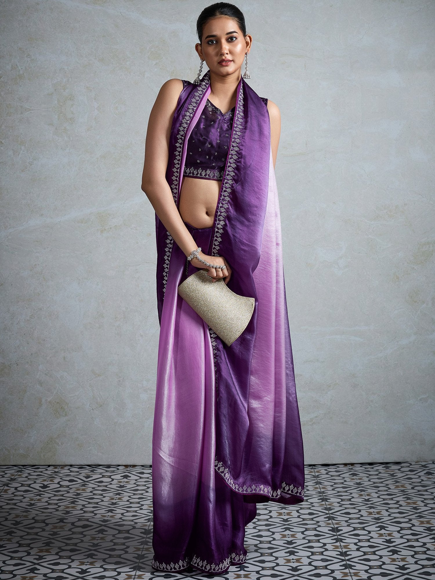 Lavender Lavendar Party Wear Satin Embellished Saree