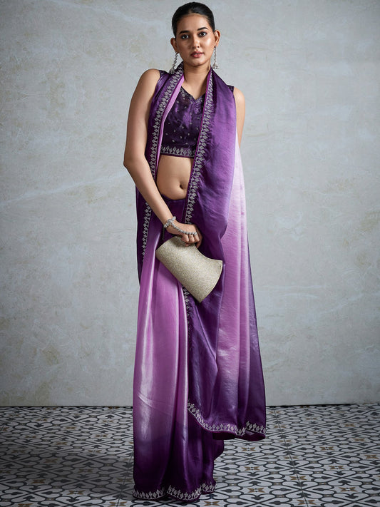Lavender Lavendar Party Wear Satin Embellished Saree
